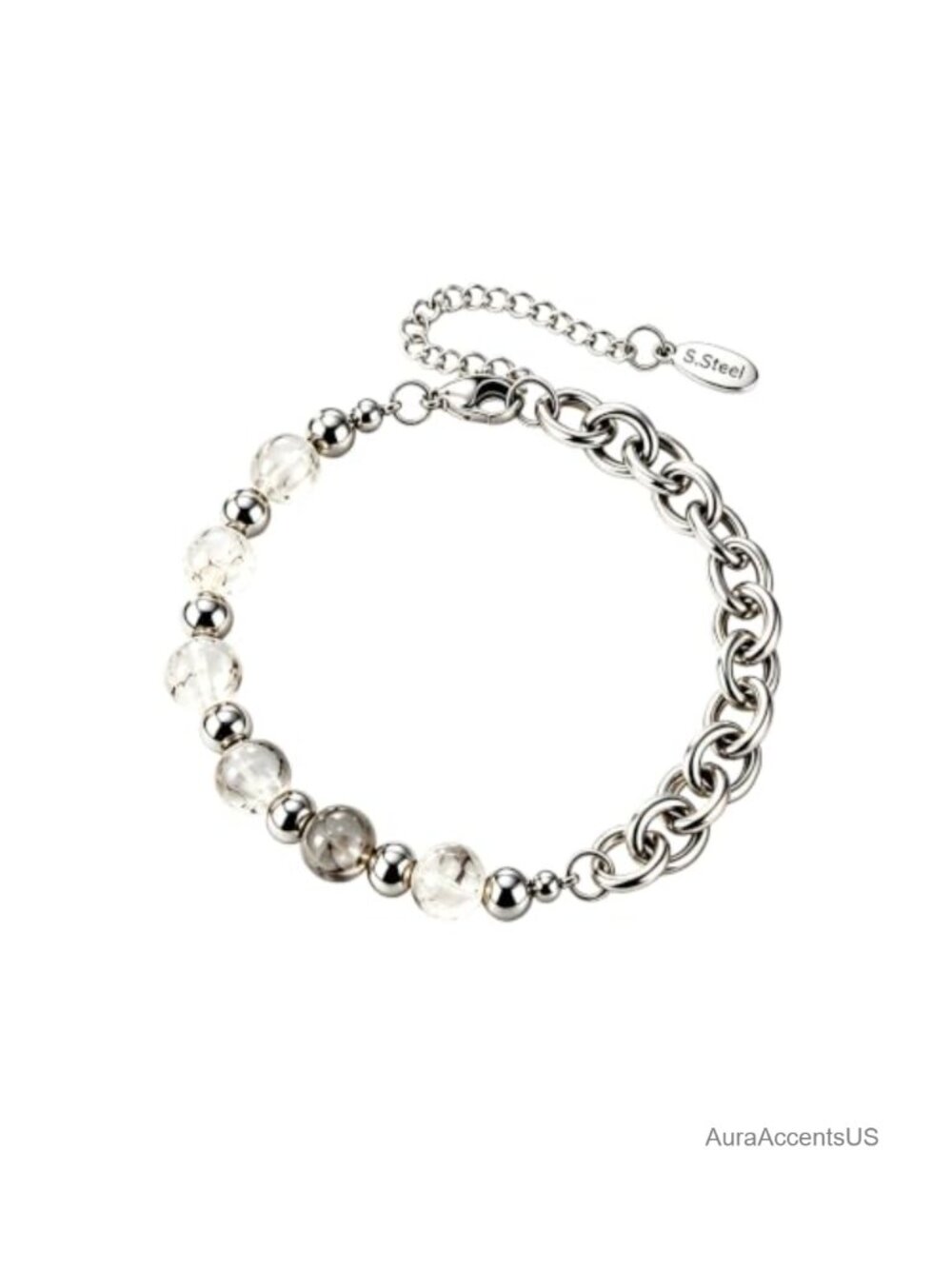 Stainless Steel & Natural Crystal Link Bracelet Adjustable Cuban Chain